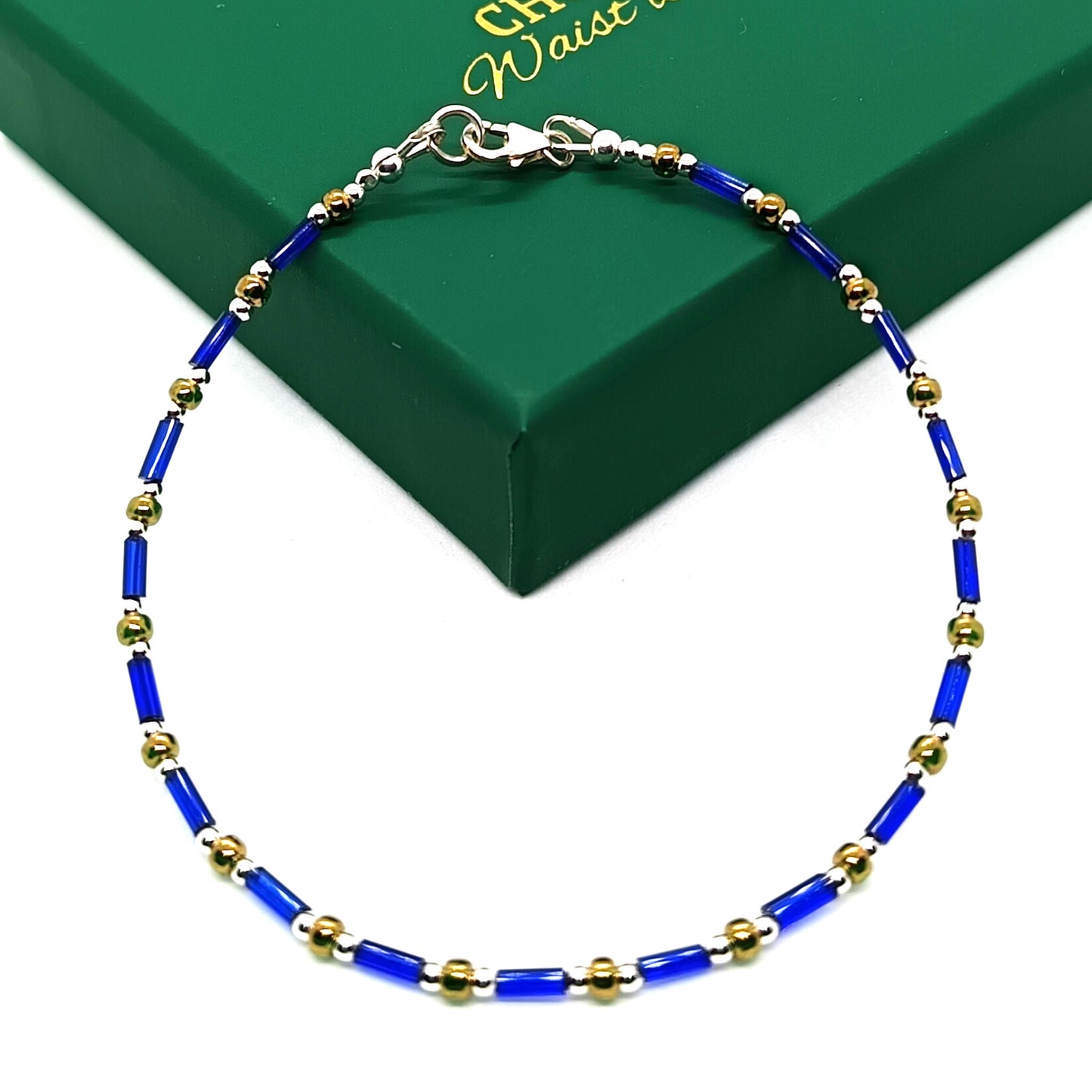 Dainty Blue Bugle Bead Anklet