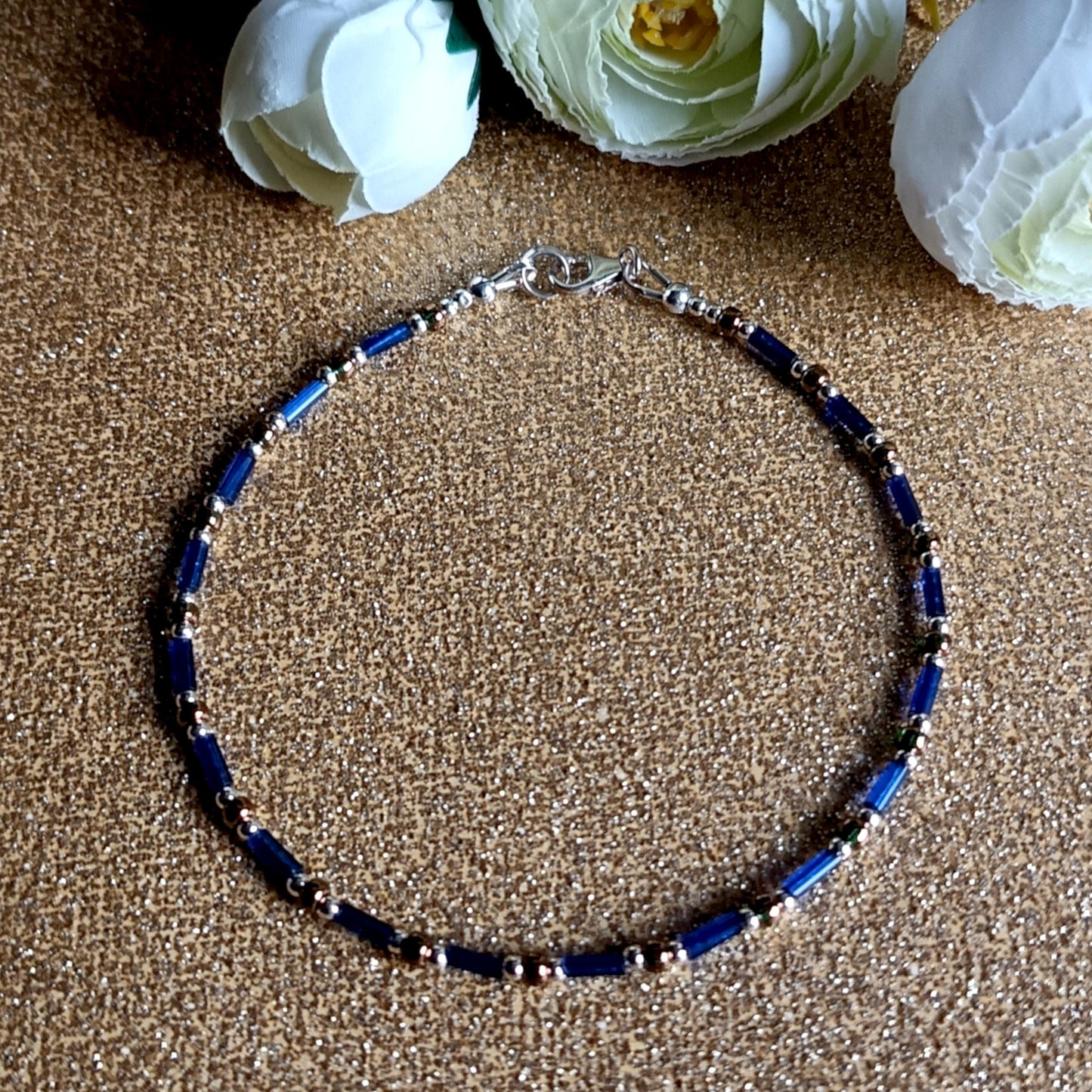 Dainty Blue Bugle Bead Anklet