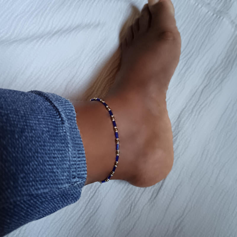 Dainty Blue Bugle Bead Anklet